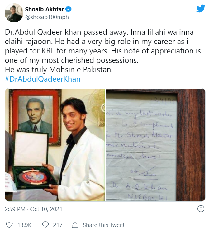 Shoaib Akhtar credits Dr. Abdul Qadeer Khan for his success in cricket ...