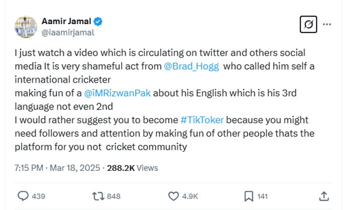 Aamir Jamal slams Brad Hogg for mocking Mohammad Rizwan's English